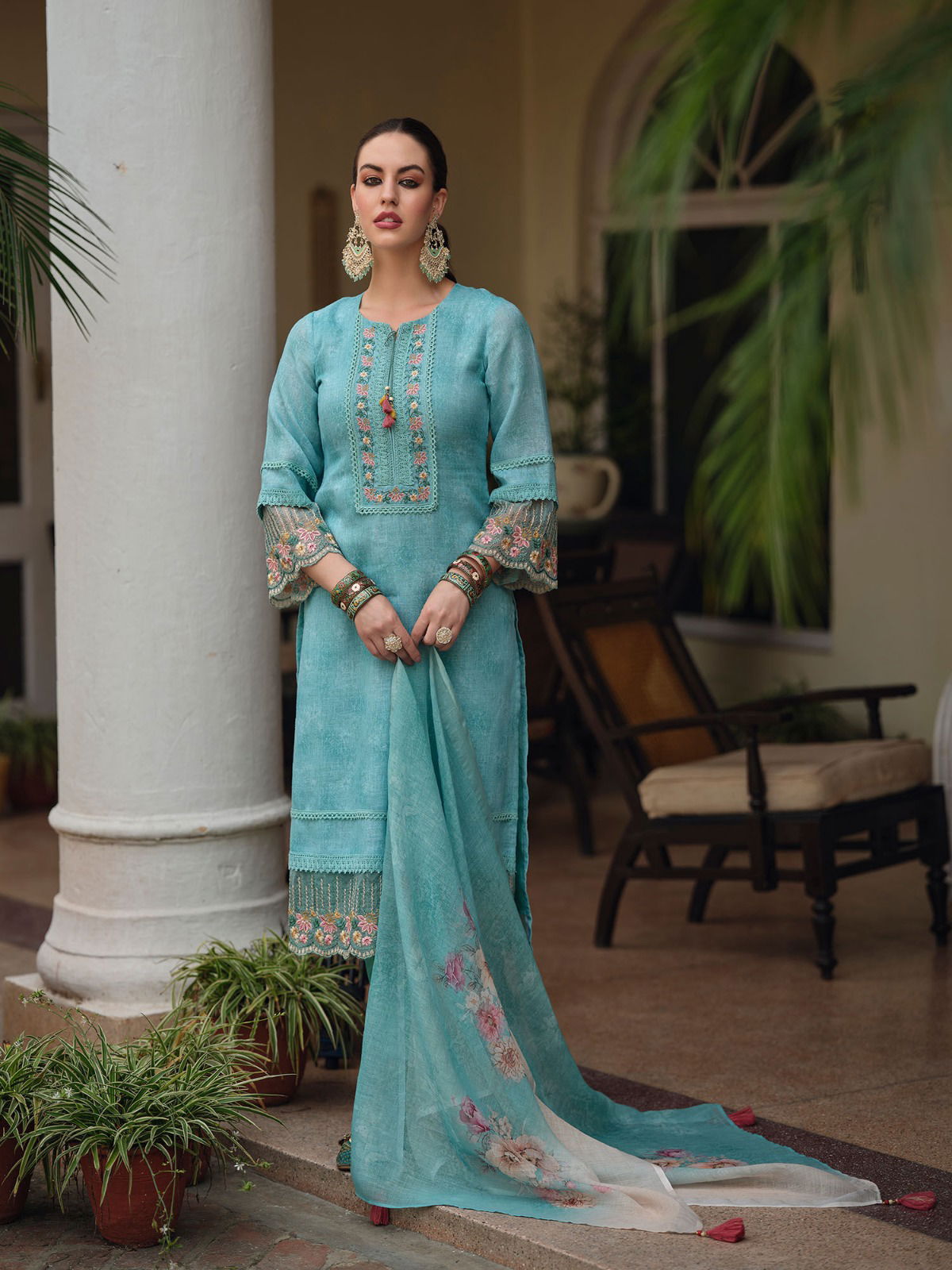 413 Women Linen Cotton Embroidered Kurti With Bottom Dupatta
